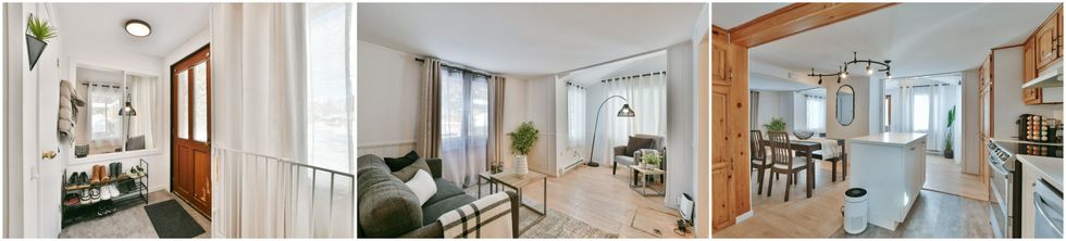 Entr\u00e9e du 42, 43e Avenue, Bois-des-Filion, QC. Centre : Le salon et le nook. Droite : La salle \u00e0 manger, la cuisine et l'entr\u00e9e.