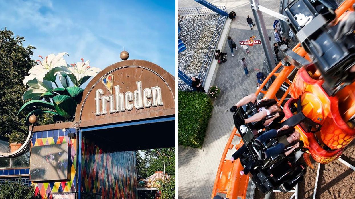 Entrance for Tivoli Friheden park. Right: riders on the Cobra rollercoaster.