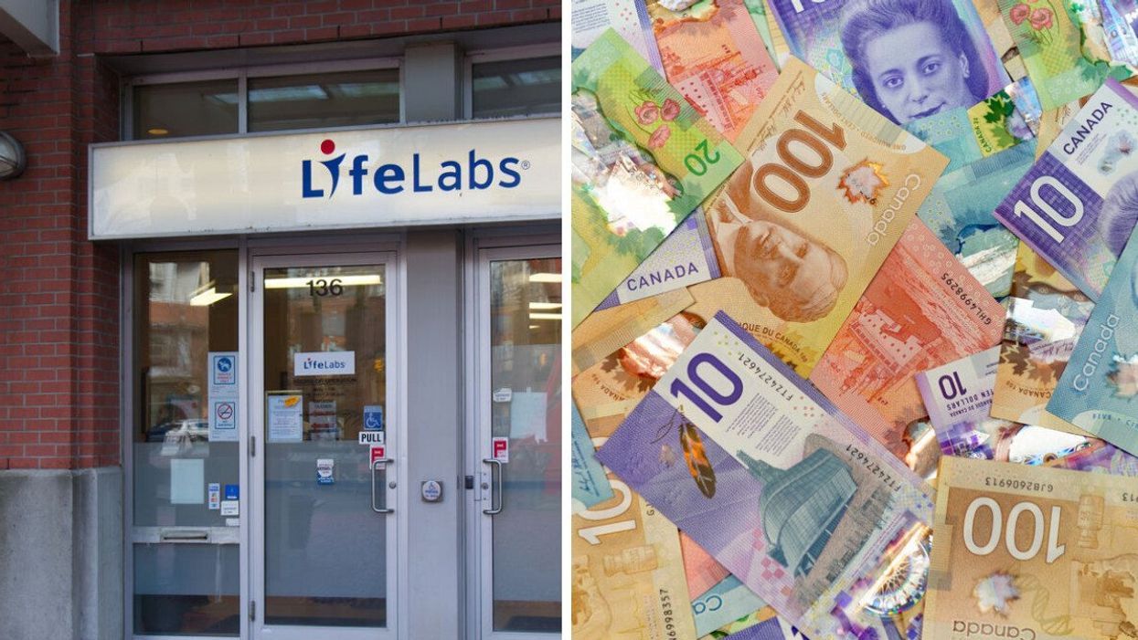 entrance of a lifelabs medical clinic in vancouver. right: pile of canadian money.