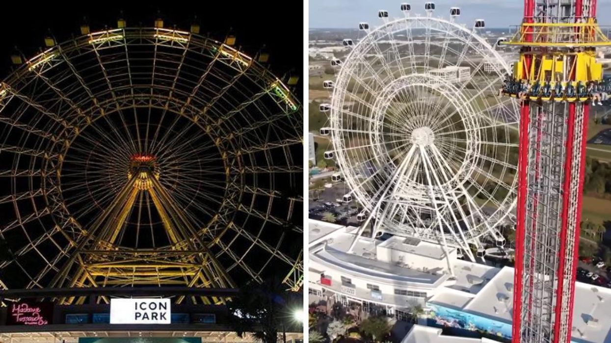 Entrance of ICON Park. Right: The drop tower at ICON Park.