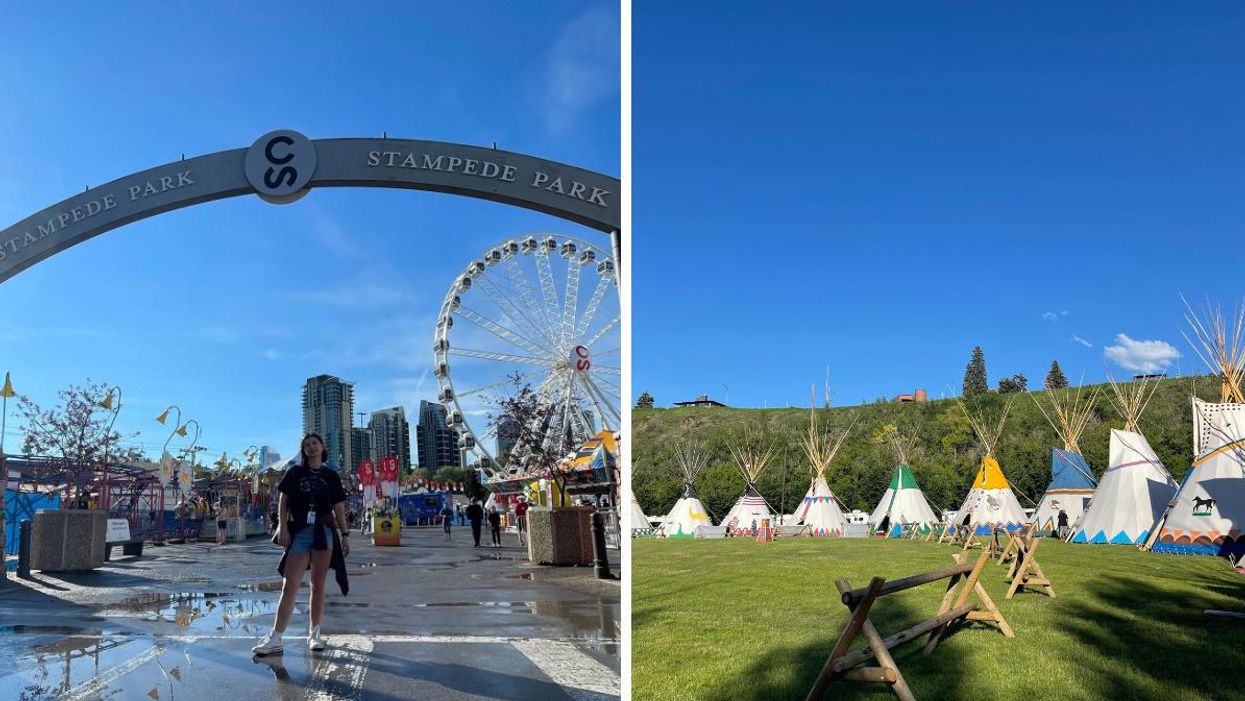Entrance to Stampede Park. Right: Elbow River Camp.