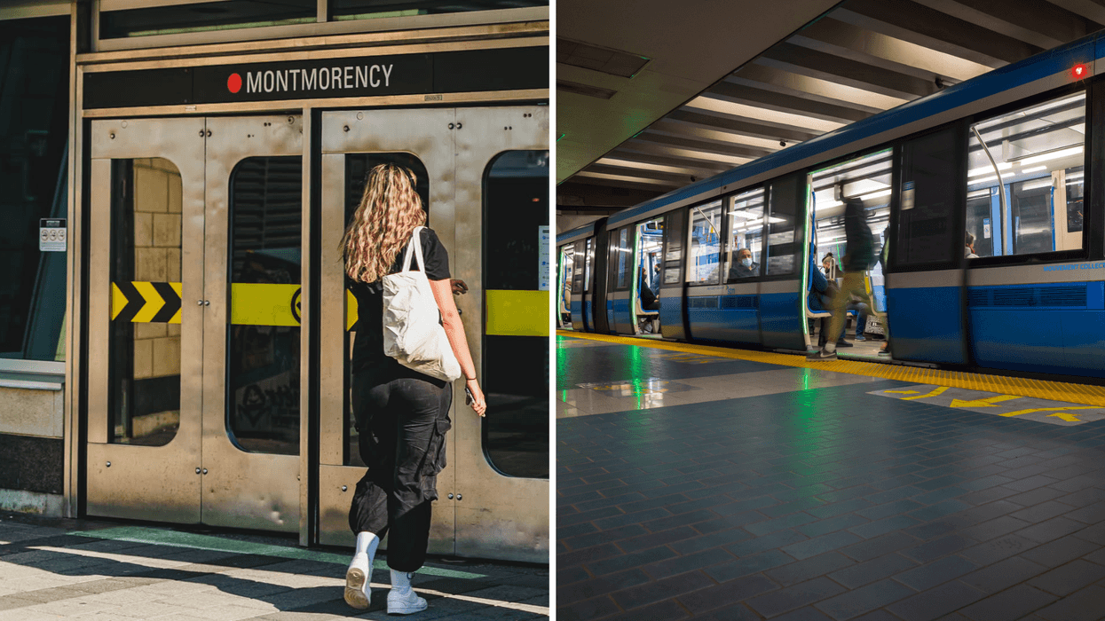 Entrée de la station de métro Montmorency à Laval. Droite : Un wagon du métro de Montréal.