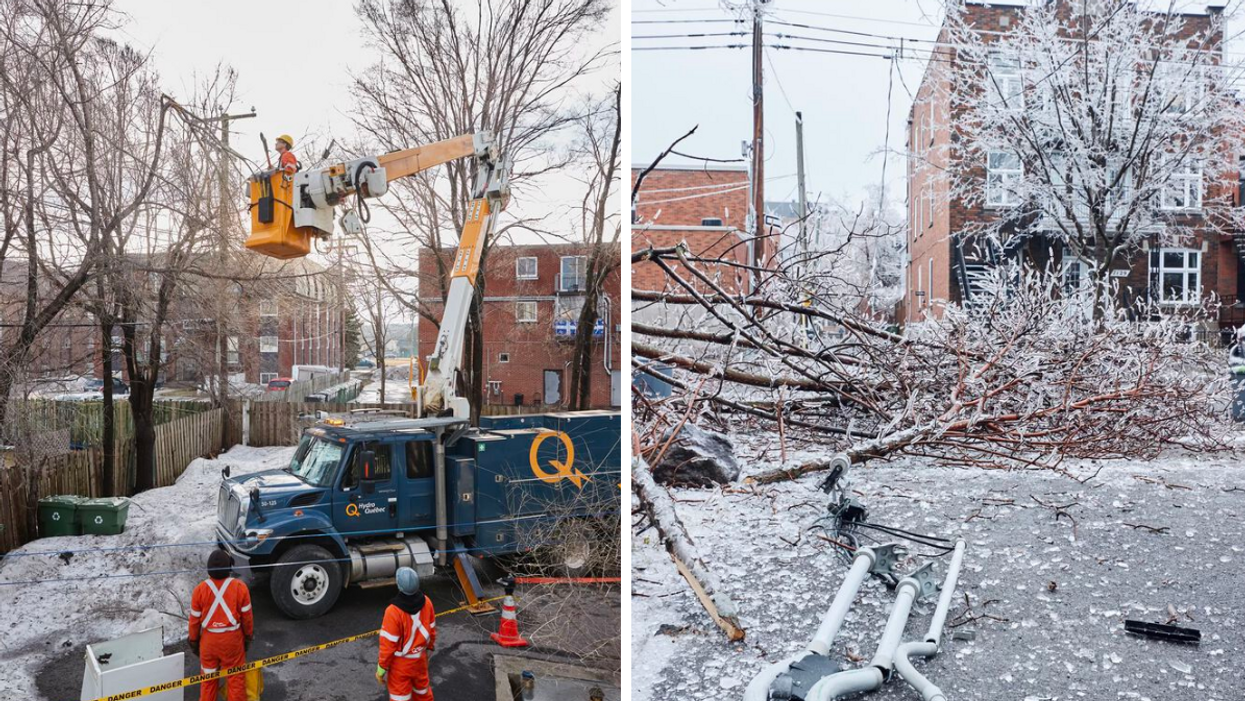 Équipe d'Hydro-Québec. Droite : Arbres tombés.
