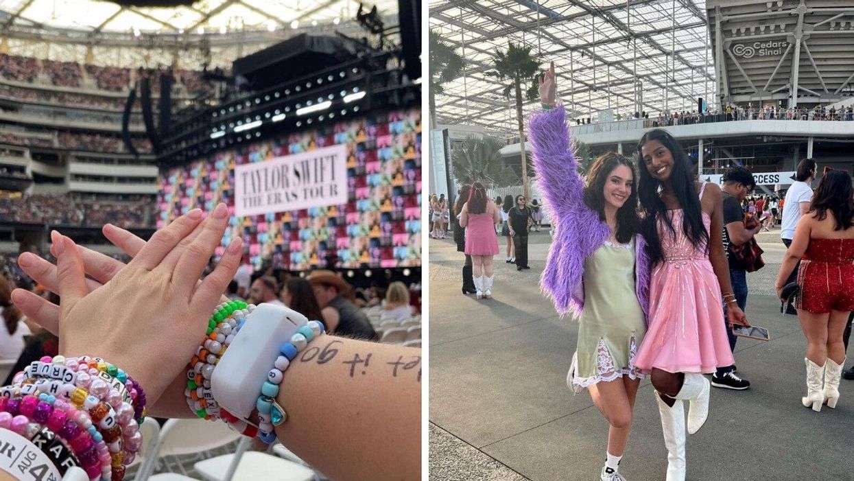 Eras Tour concert-goers wearing friendship bracelets. Right: People outside a stadium for an Eras Tour concert.