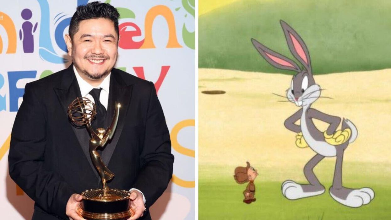Eric Bauza with his Emmy. Right: Bugs Bunny and a tiny Elmer Fudd.