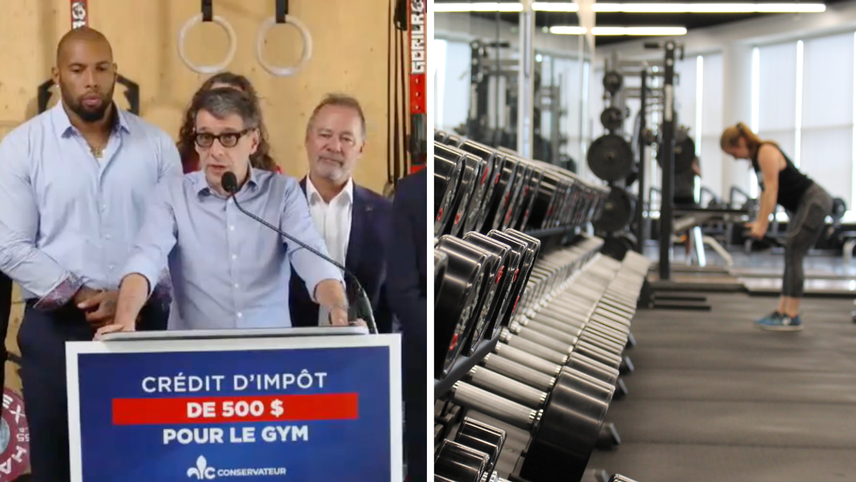 Éric Duhaime, le chef du Parti conservateur.  Droite : Un gym.