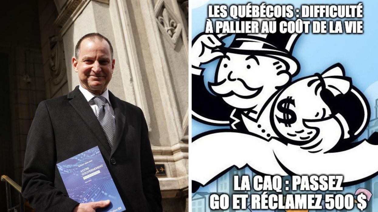 Eric Girard avec le budget 2022. Droite : Memes de Monopoly sur le budget 2022.
