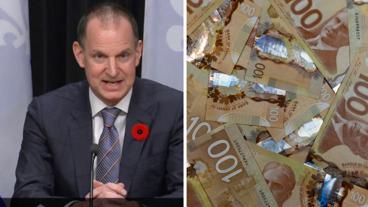 Eric Girard. Droite : Billets de 100 $.