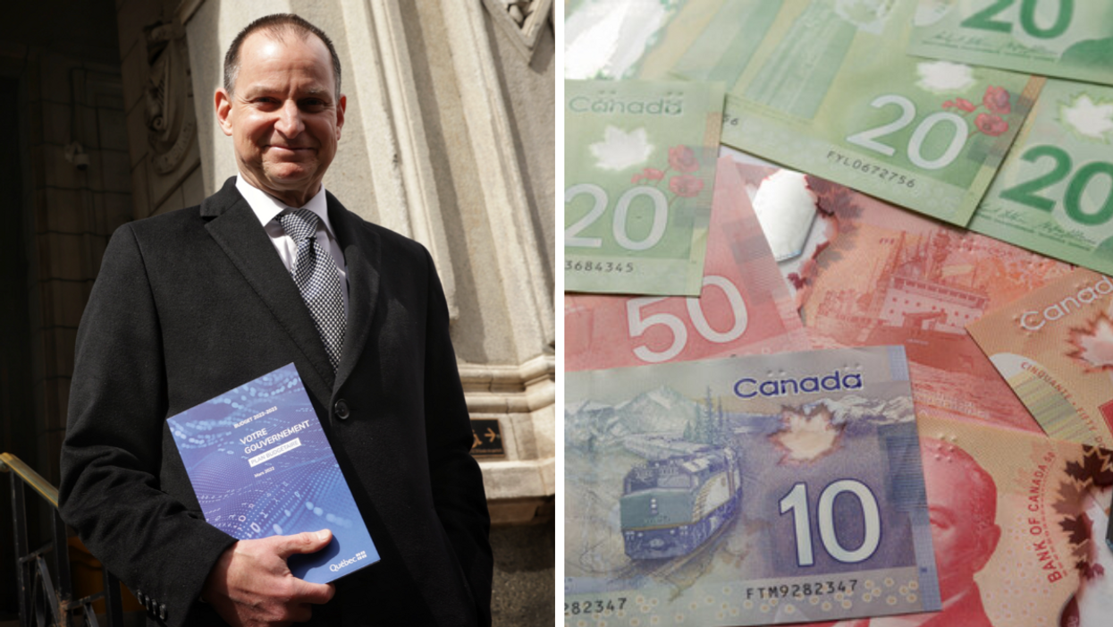 Eric Girard, le ministre des Finances, tenant le budget 2022. Droite : Argent.