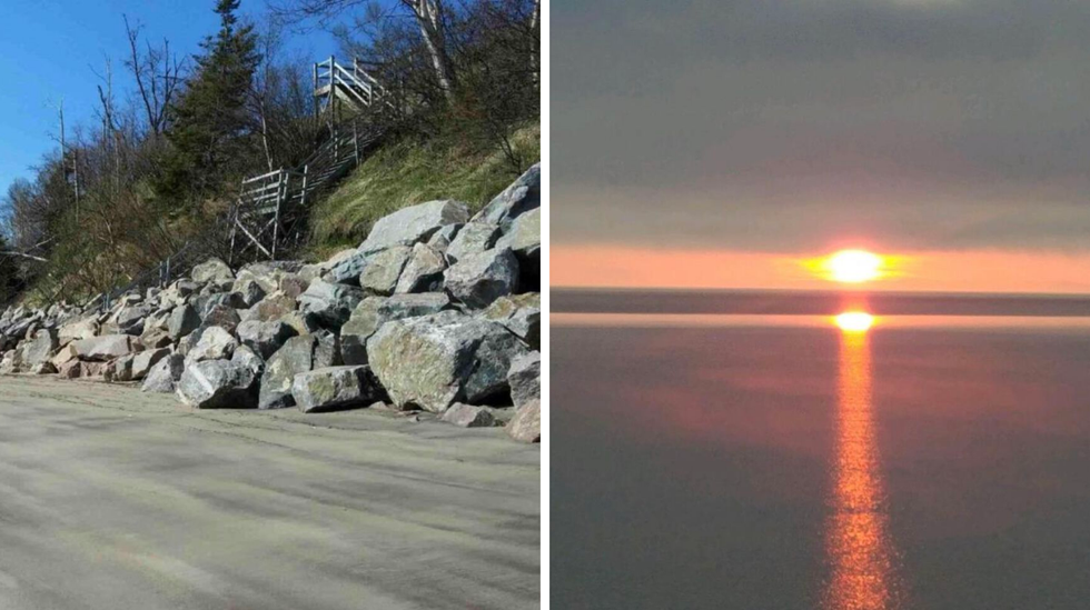Escaliers en bois. Droite : Coucher de soleil.
