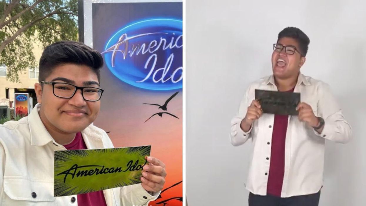 Eshan Sobti with his golden American Idol ticket. Right: Eshan Sobti celebrates winning.
