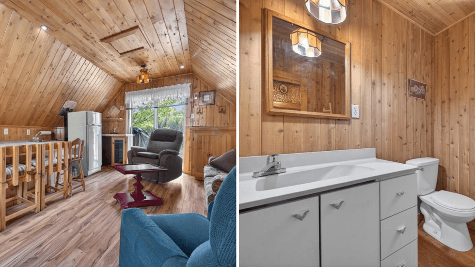 Espace de vie. Droite : Salle de bain.