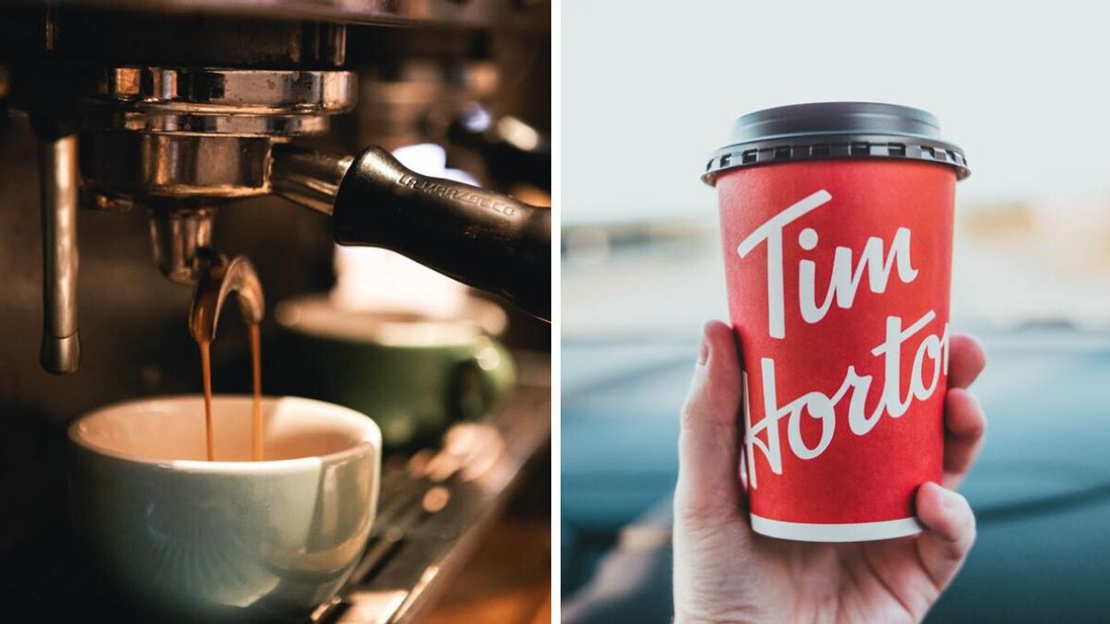 Espresso dripping into a cup. Right: A Time Hortons cup.
