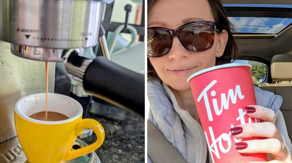 Espresso in a yellow cup. Right: Alona drinks Tims Coffee