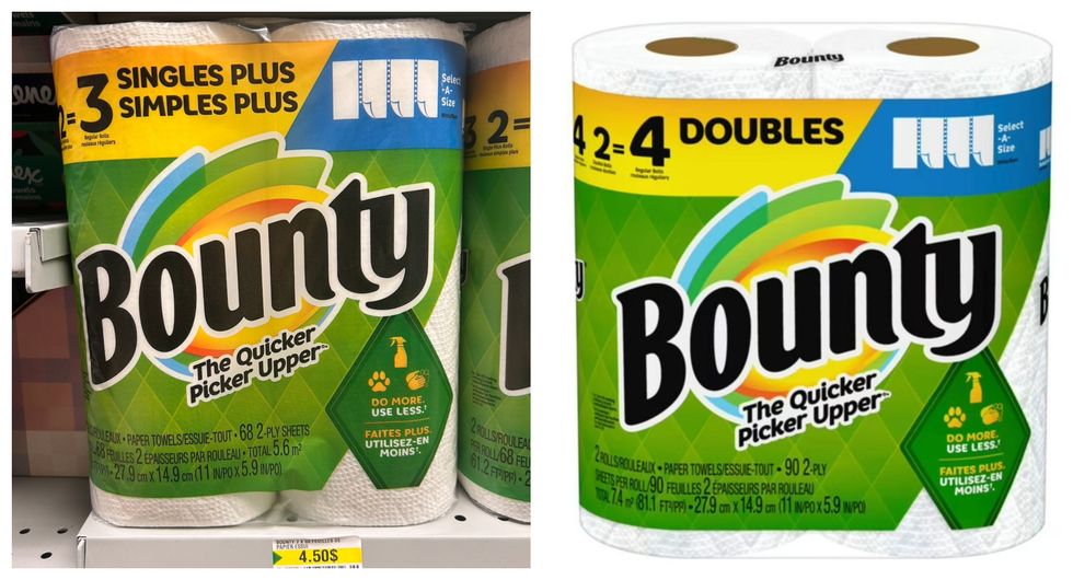 Essuie-tout Bounty  au Dollarama. Droite : Essuie-tout Bounty sur le site de Walmart.