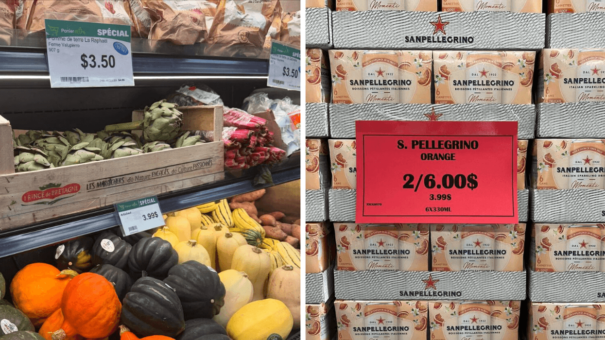 Étalage de légumes. Droite : Boîtes de boissons Sanpellegrino vendues à rabais.