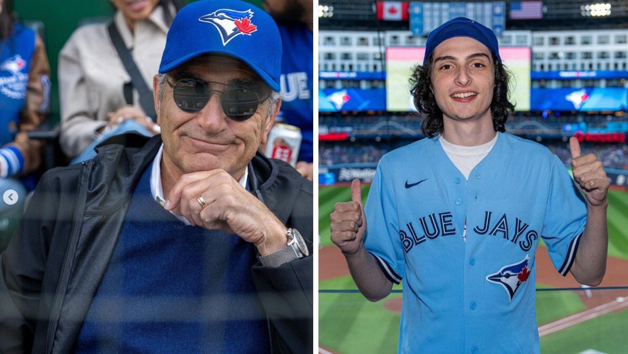 Eugene Levy wearing a Toronto Blue Jays baseball cap. Right: Finn Wolfhard wearing a Blue Jays jersey.