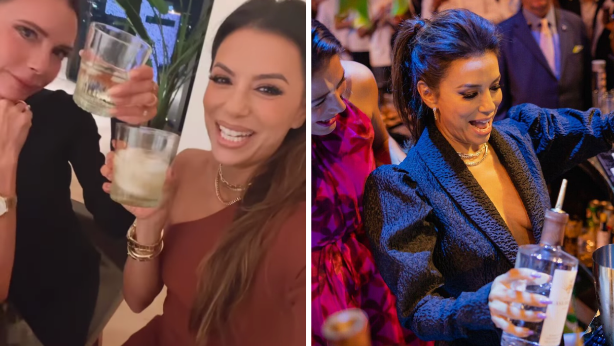 Eva Longoria Baston and Victoria Beckham with drinks in hand. Right: Eva Longoria with Tequila.