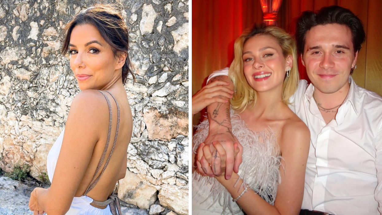 Eva Longoria in a white dress with her back half turned to the camera. Nicola Anne and Brooklyn Peltz Beckham dressed in white and sitting together.