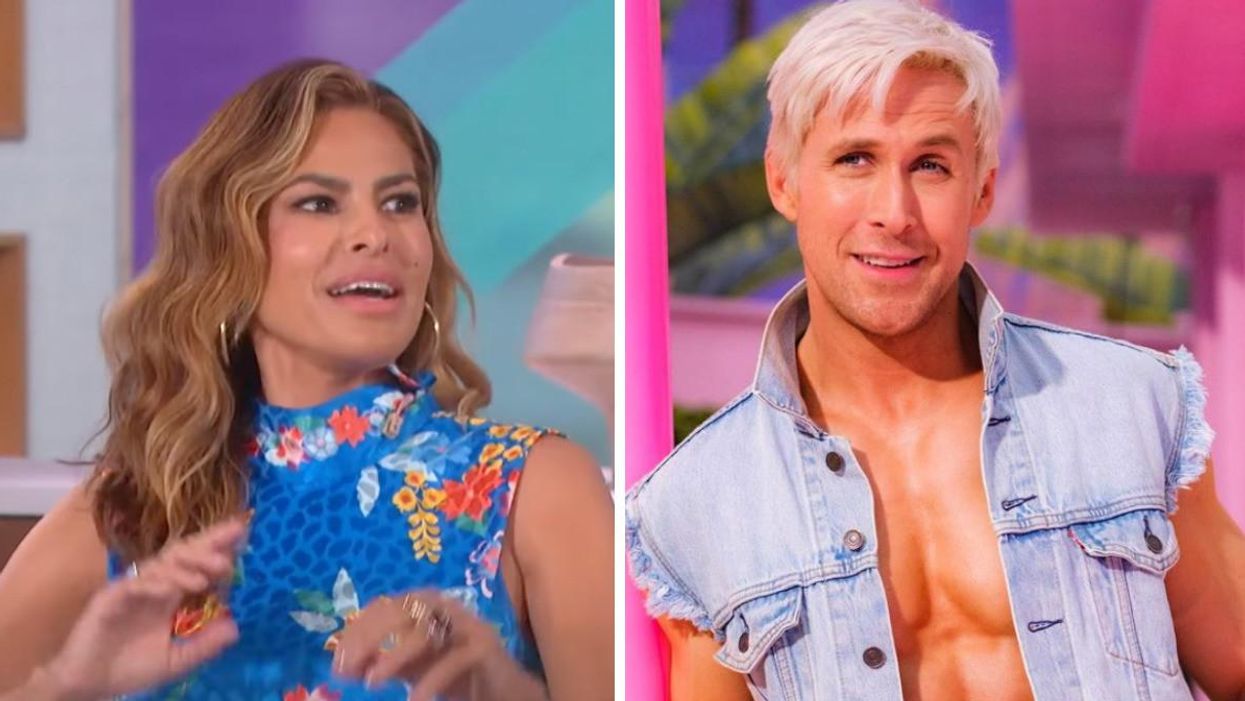 Eva Mendes on Entertainment Tonight. Right: Ryan Gosling in 'Barbie.'