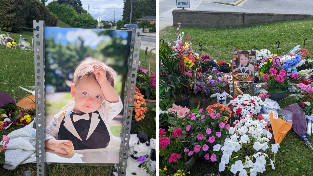 Everett Smith. Right: Flowers laid on the ground for the child in front of North Hastings High School in Bancroft, Ontario.
