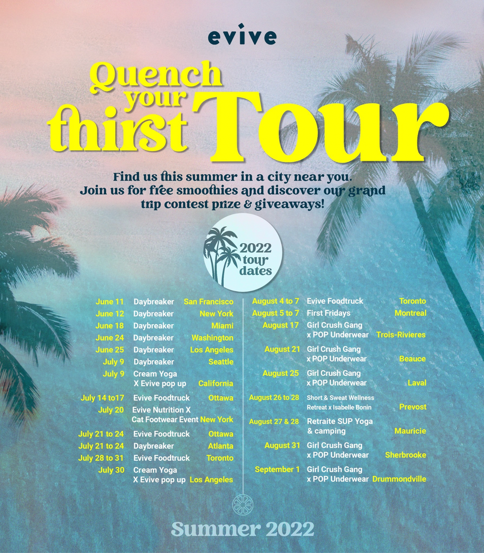 Evive Quench Your Thirst Tour poster of free smoothie dates in Canada.