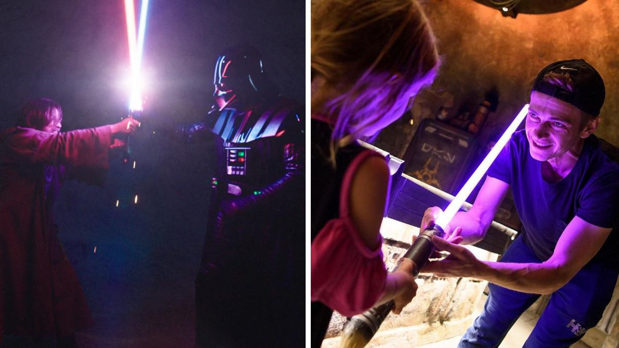 Ewan McGregor as Obi-Wan Kenobi and Hayden Christensen as Darth Vader. RIght: Hayden Christensen with his daughter in 2019.