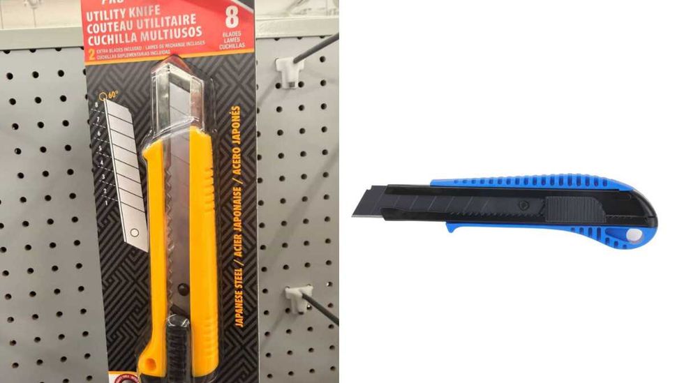 Exacto jaune au Dollarama. Droite : Exacto Mastercraft du Canadian Tire.