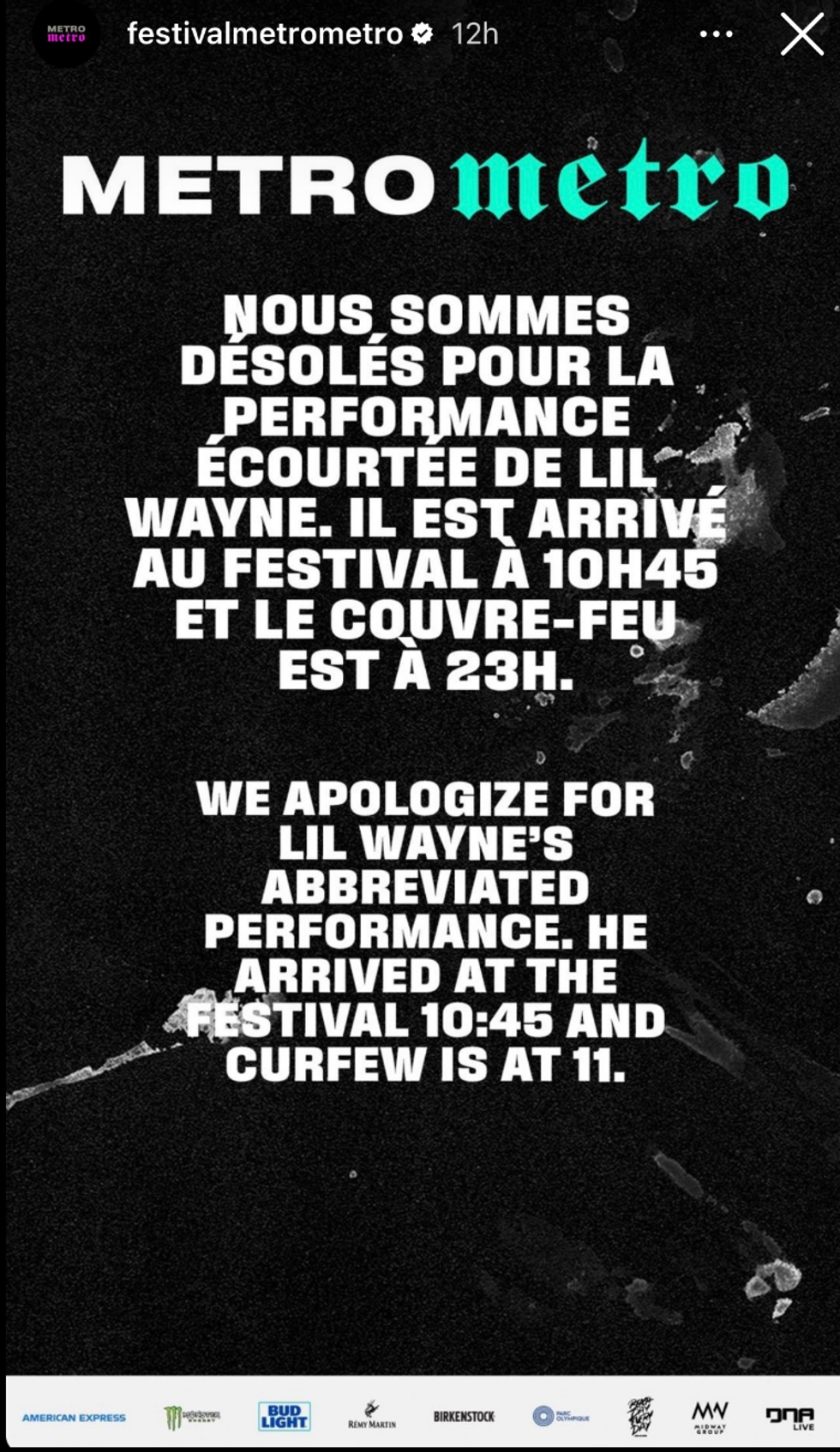 Excuses concernant la performance de Lil Wayne.