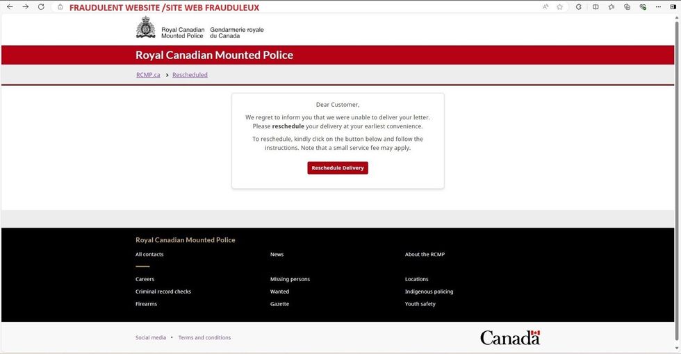 Exemple d\u2019un site Web frauduleux qui semble \u00eatre celui de la GRC.