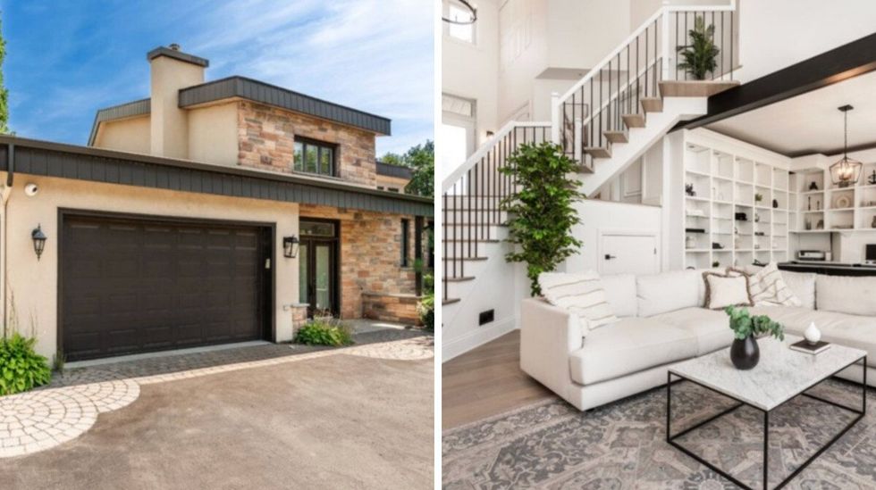 Ext\u00e9rieur de la maison. Droite : Salon principal.