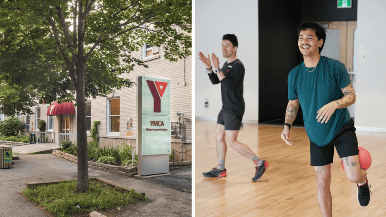 Extérieur du YMCA Notre-Dame-de-Grâce. À droite : deux personnes participent à un cours de groupe au YMCA.