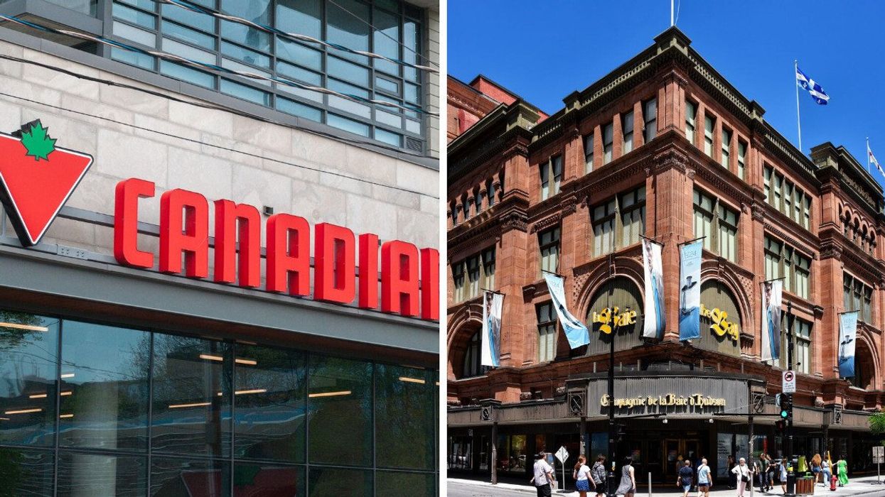 exterior logo of canadian tire store in toronto. right: exterior of hudson's bay store in montreal