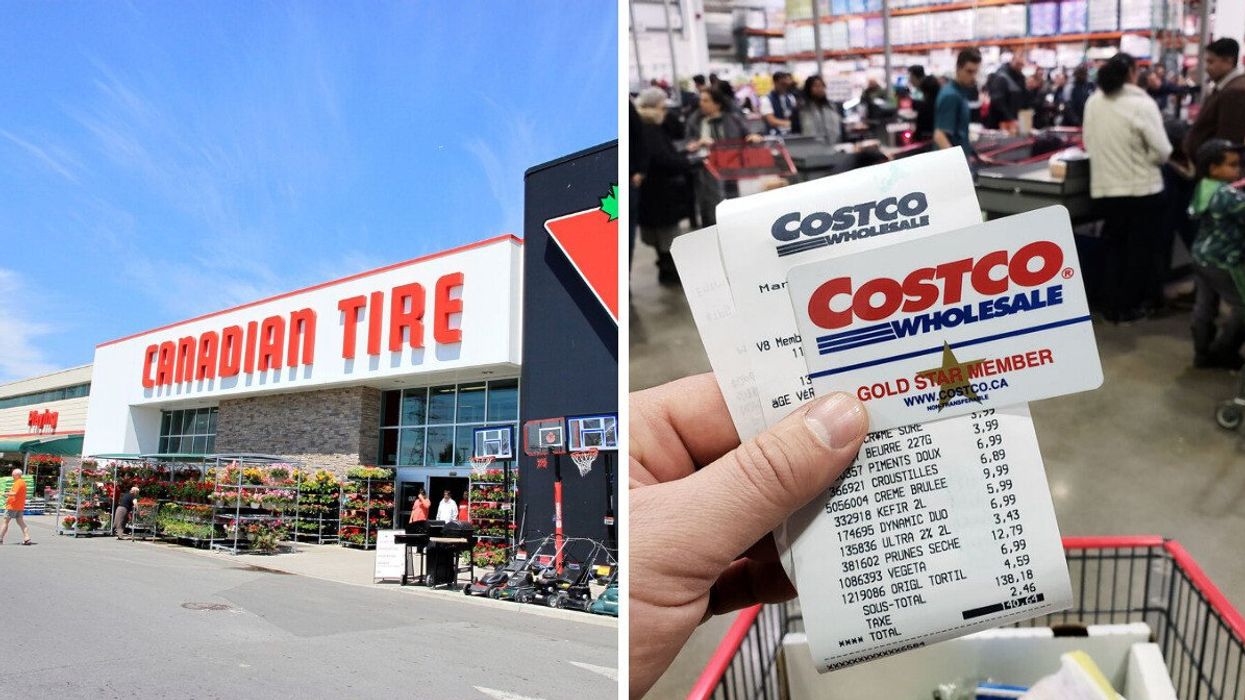 exterior of a canadian tire store in canada. right: person holding a costco membership card and receipt at the checkout