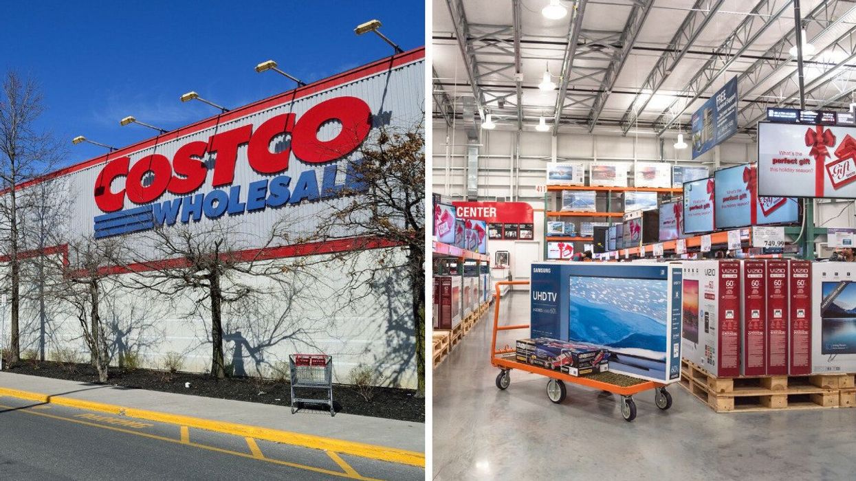 Exterior of a Costco in Canada. Right: Costco's TV section.