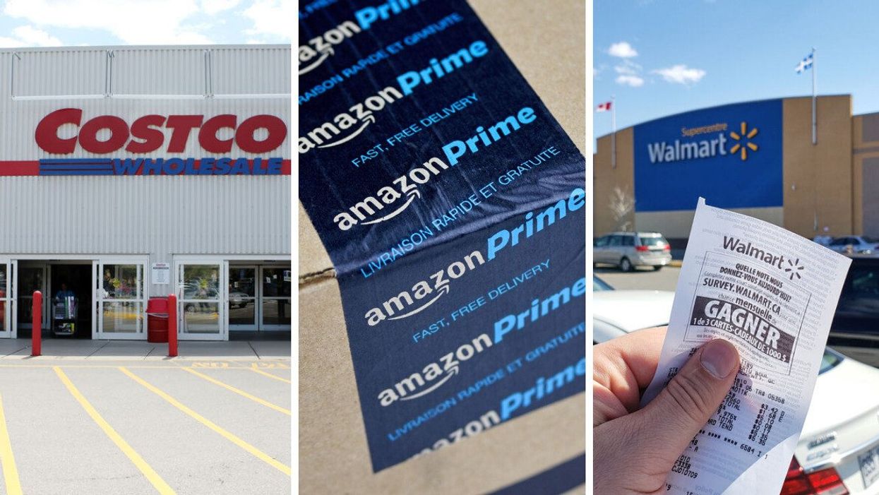 exterior of a costco warehouse. centre: amazon prime box. right: person holding a walmart receipt outside a store