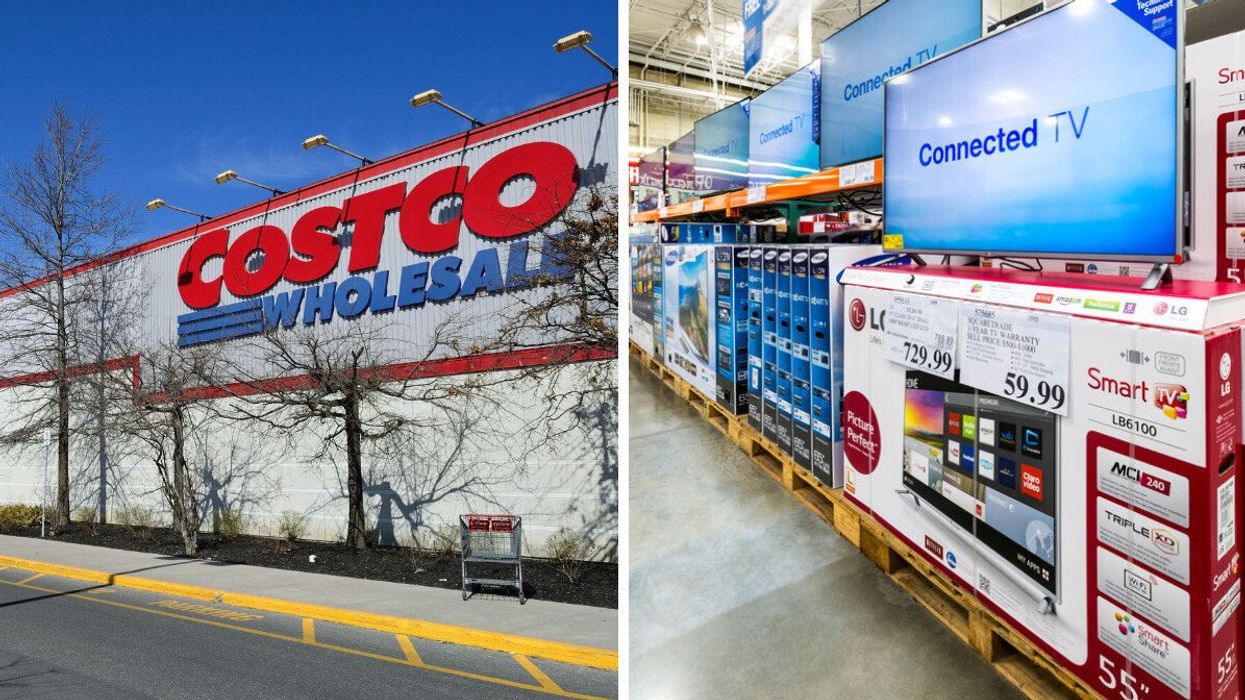 exterior of a costco warehouse with bare trees and a shopping cart. right: tvs for sale in a costco warehouse