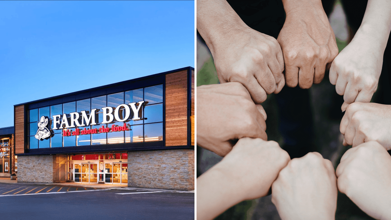 Exterior of a Farm Boy grocery store building with the store sign visible at the entrance., Right: Close-up of a group bringing their fists together in a circle to show teamwork.