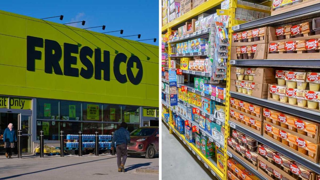 exterior of a freshcho store in ontario. right: aisle with shelves at a no frills store