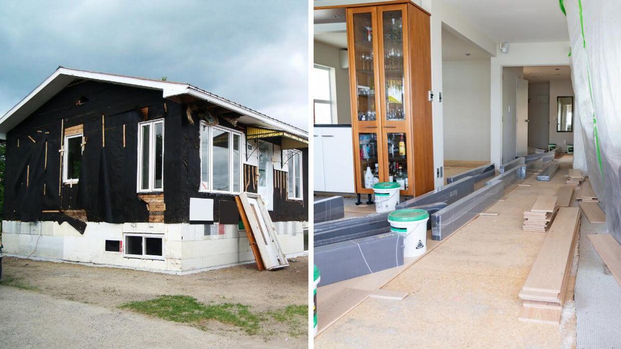 Exterior of a home being remodeled. Right: A room with a floor being renovated.