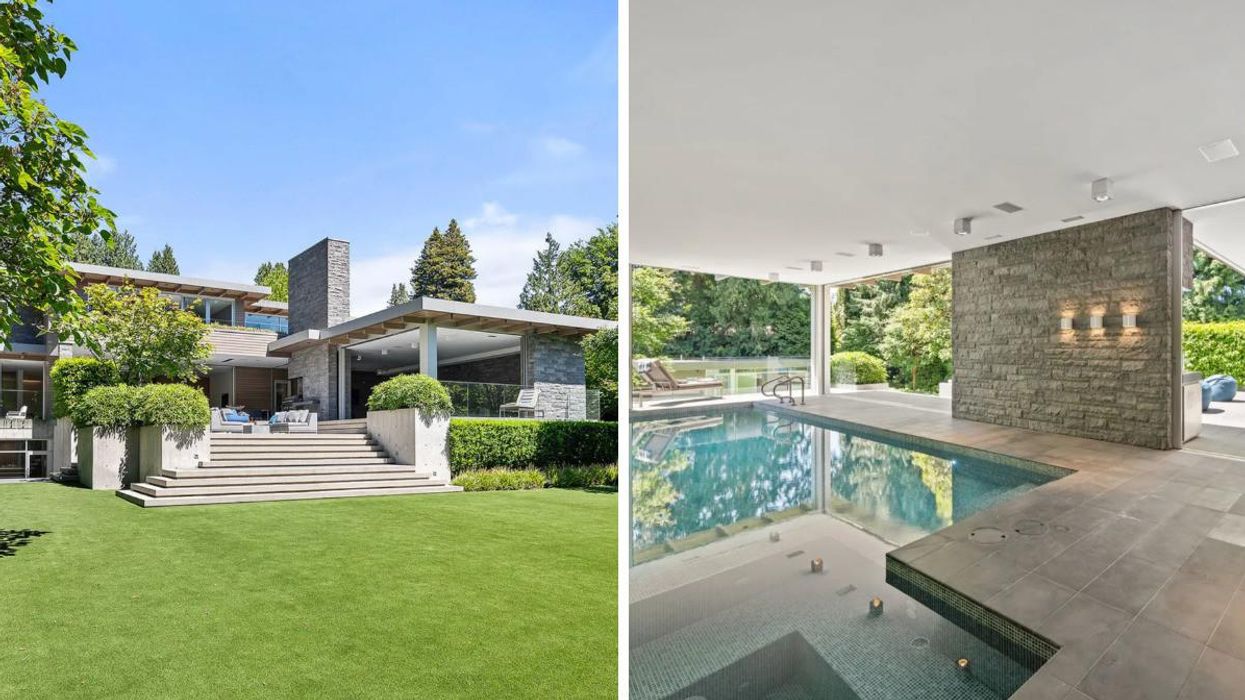 Exterior of a house for sale in B.C. Right: Pool inside the house for sale.