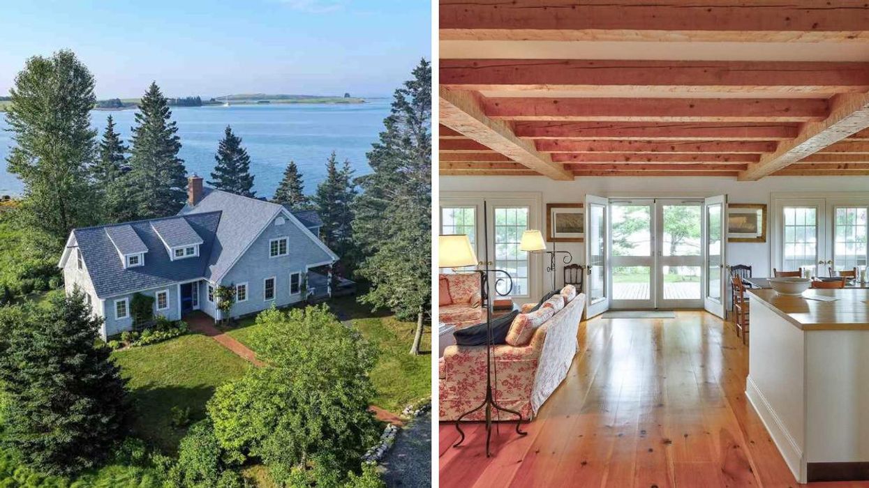 Exterior of a house for sale in Nova Scotia. Right: Living space that leads out to a porch overlooking the ocean in the house for sale.