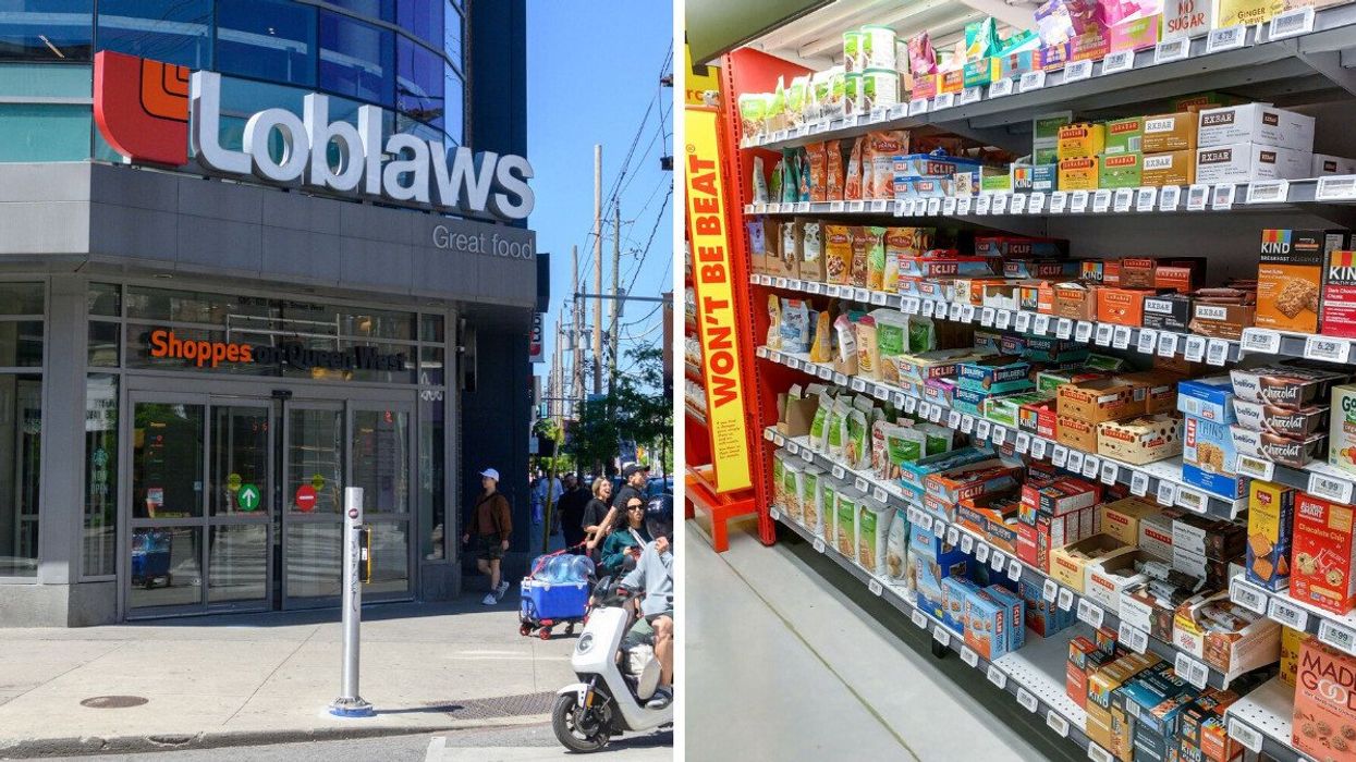 exterior of a loblaws store in toronto. right: products on shelves at no frills grocery store
