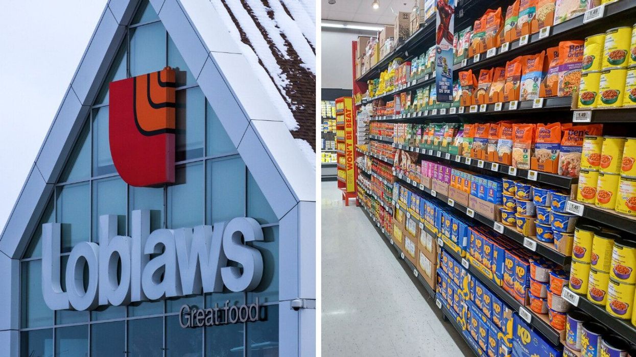 exterior of a loblaws store. right: products on shelves at no frills store