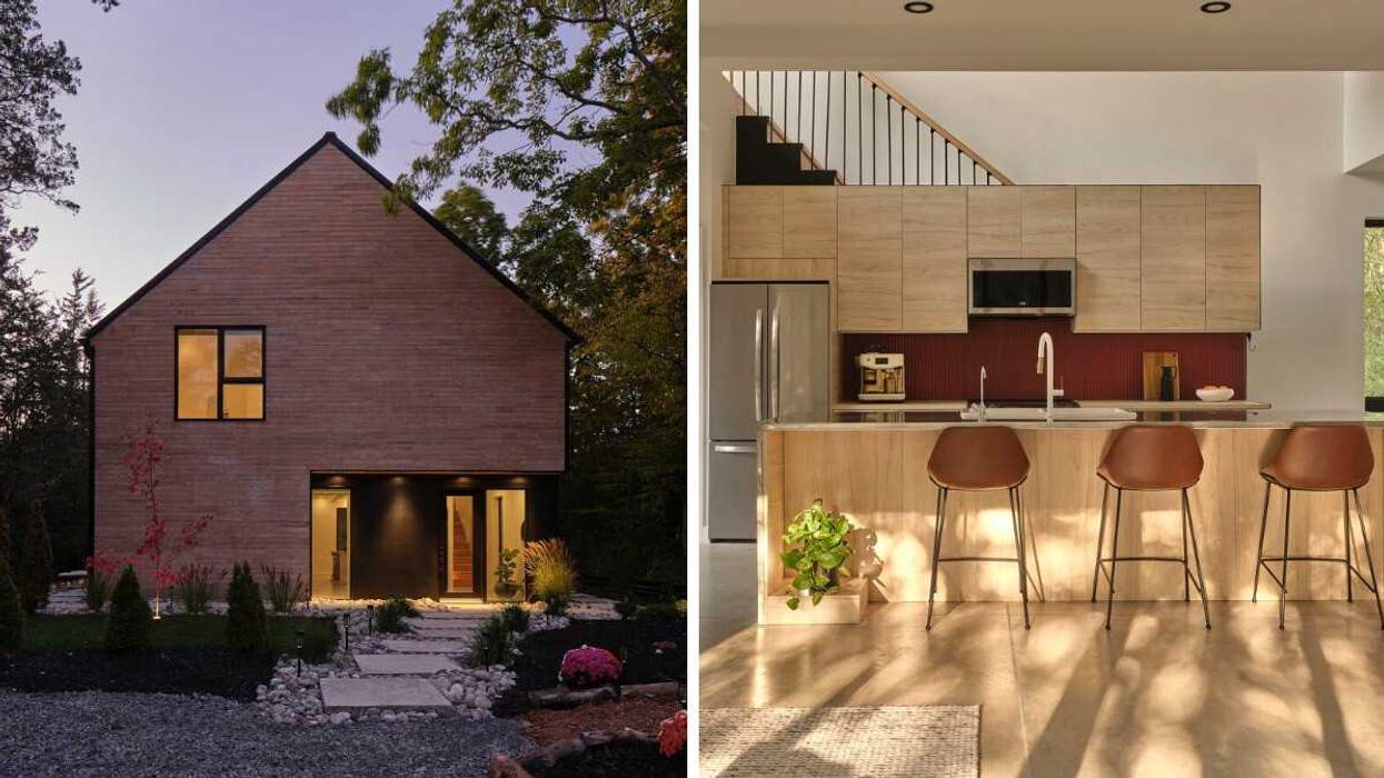 Exterior of a modern Scandinavian-style house in Prince Edward County. Right: Modern kitchen with wood cabinets and bar stools in Prince Edward County home.