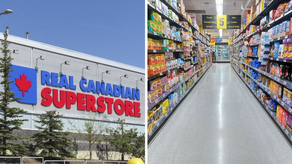 exterior of a real canadian superstore location. right: aisle in a grocery store in canada.