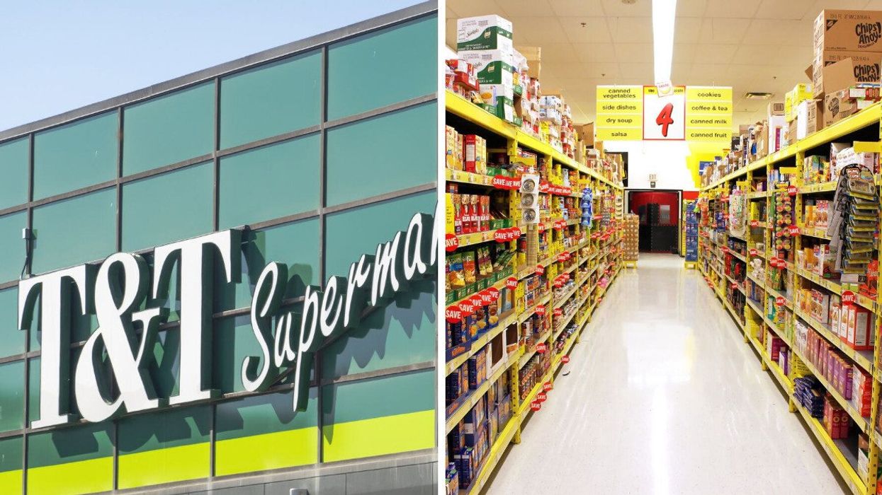 exterior of a t&t grocery store in canada. right: aisle in a no frills grocery store in canada