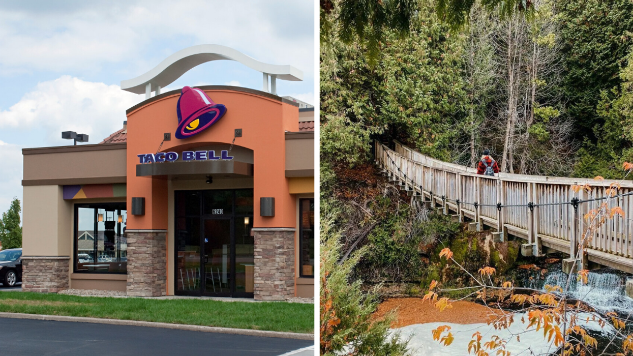 Exterior of a Taco Bell. Right: Person on a wooden bridge.