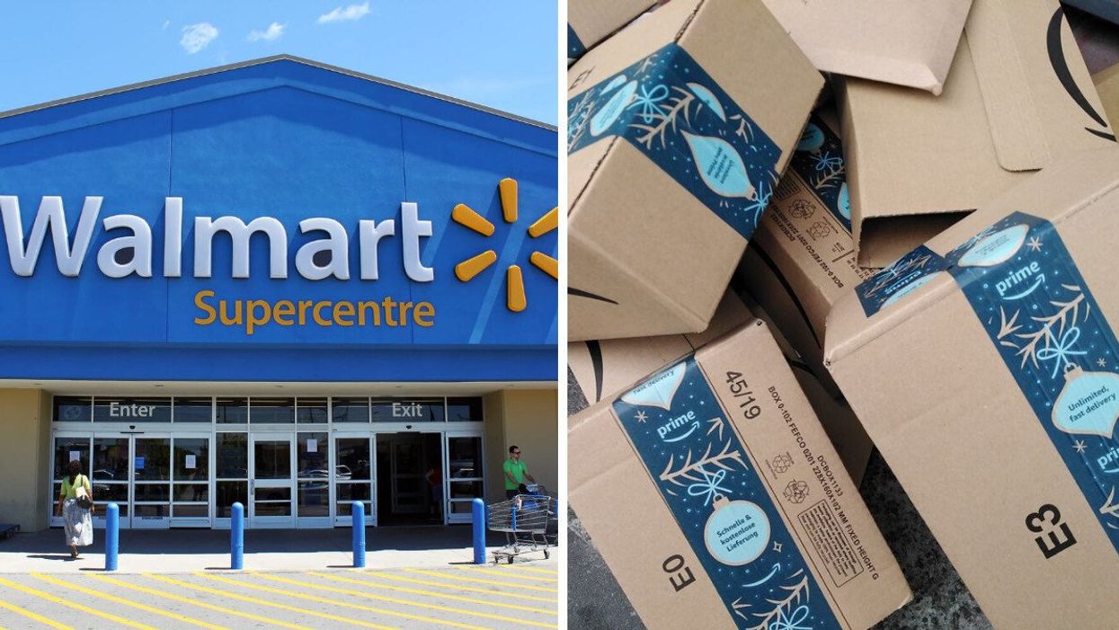 exterior of a walmart store in canada. right: amazon boxes with holiday-themed prime tape