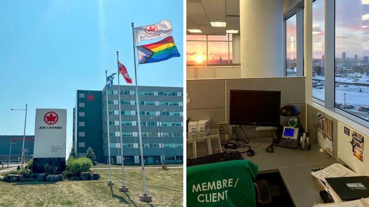 exterior of air canada headquarters building. right: employee's desk in a desjardins office